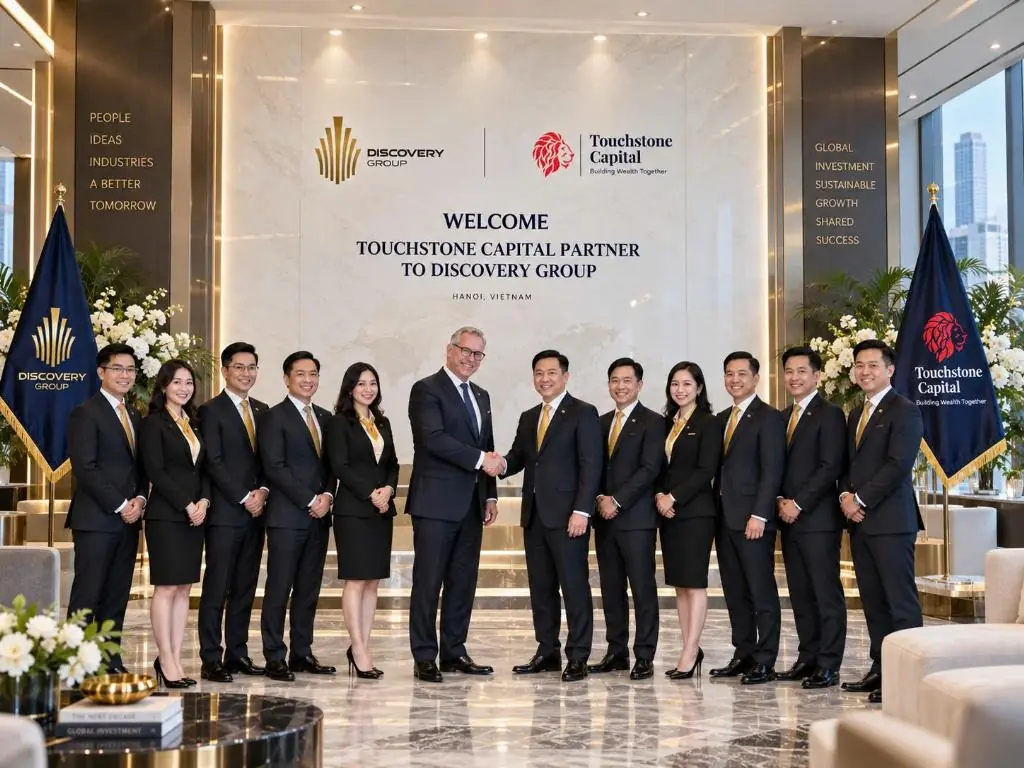 Đội ngũ Discovery Group xếp hàng đón đại diện Touchstone Capital Partner tại sảnh trụ sở